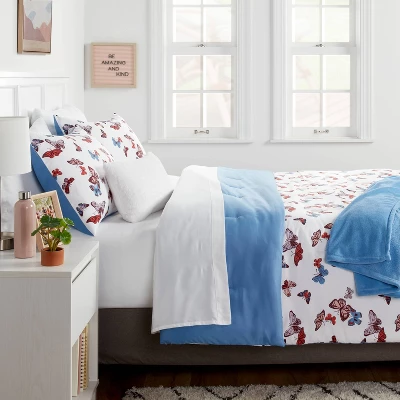 Butterfly Print Microfiber Decorative Bed Set With Throw Blue/Red/White - Room Essentials™ 3 Butterfly Print Microfiber Decorative Bed Set With Throw Blue/Red/White - Room Essentials™